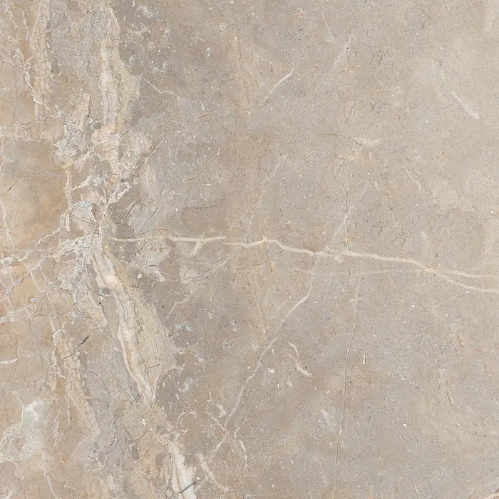 Close-up of Golden Age Beige Porcelain tile, highlighting the intricate marble-inspired veins in golden, beige, and purple hues.