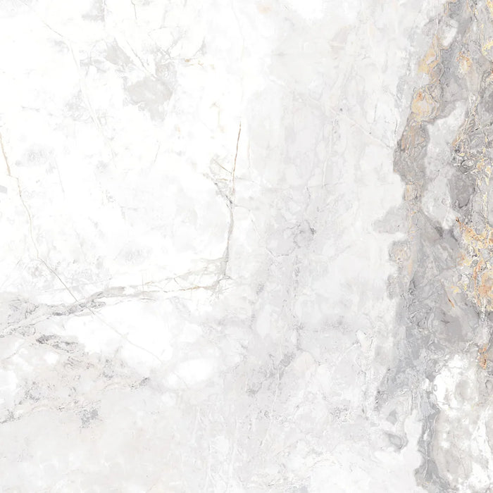 Close-up of Golden Age White Porcelain tile surface, highlighting fine grey and gold veins on a white marble-inspired background.