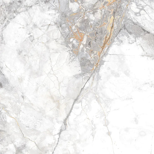Close-up of Golden Age White Porcelain tile surface, highlighting fine grey and gold veins on a white marble-inspired background.