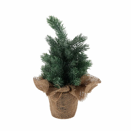 Close-up of green Christmas tree branches in a burlap pot showing realistic pine needles and texture of the fabric base.