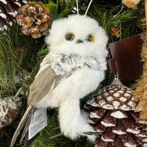 Grey Owl with Fur Feathers Hanging Christmas Decoration