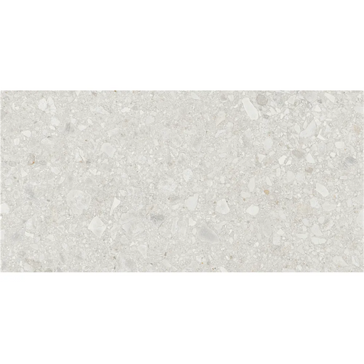 Close-up of Greystone White porcelain tile showing subtle stone-like veining and smooth surface texture.