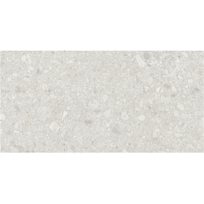 Close-up of Greystone White porcelain tile showing subtle stone-like veining and smooth surface texture.