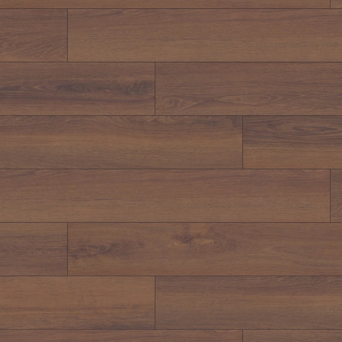 Close-up of Grizzly Montreux Oak 12mm laminate flooring showing rich dark brown wood grain texture with lighter brown hues.