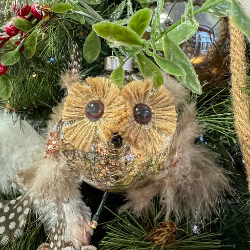 Close-up of Hanging Owl Christmas tree decoration showing detailed feathers and rustic finish.