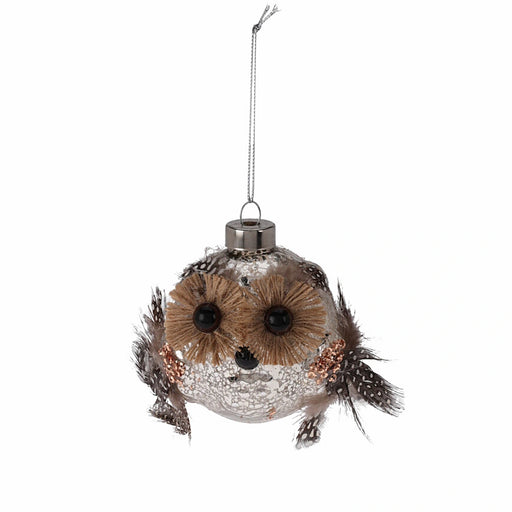 Close-up of Hanging Owl Christmas tree decoration showing detailed feathers and rustic finish.