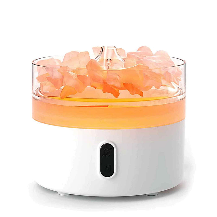 Himalayan salt aroma diffuser with flame-effect light, mist and salt chunks on display