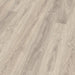 Detailed view of Dawn Oak laminate plank with Deepskin texture, subtle knots, and gentle grain lines in a light grey colour.