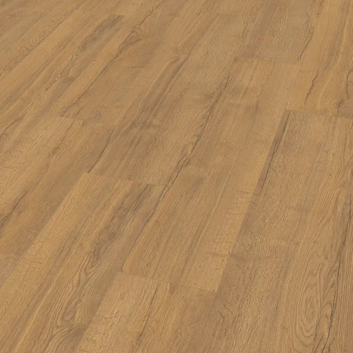Close-up of Golden Oak laminate plank showing fine natural grain, bevelled edges, and smooth matte finish.