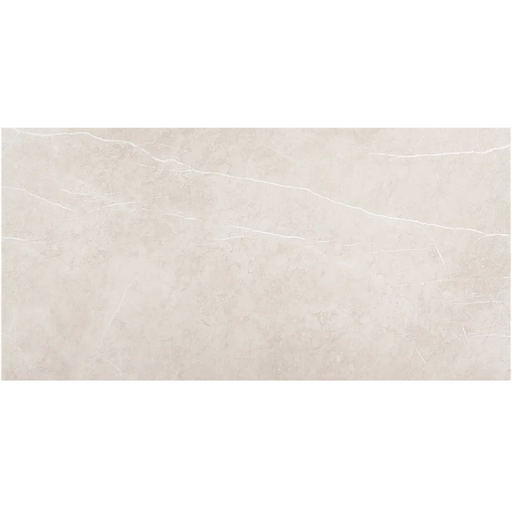 Close-up showing the smooth matt satin texture and gentle stone-like pattern of the Homeful Essentials Cream tile.