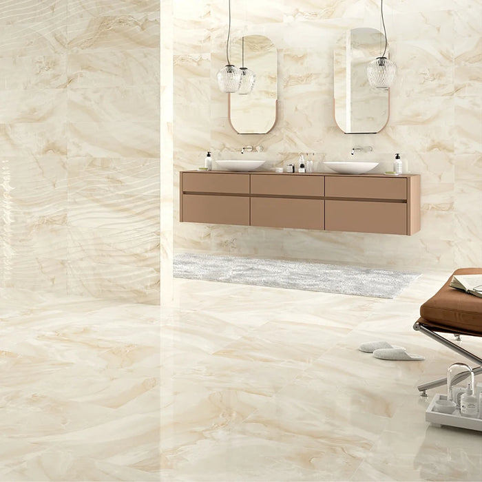 Elegant interior featuring Homeful Essentials Cream Satin Porcelain tiles on floors, showcasing soft cream marble veining and a gentle satin finish.