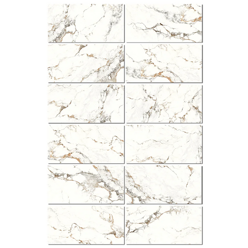 Detailed close-up showing the soft satin texture and natural stone-inspired pattern of the Homeful Essentials Gold tile.