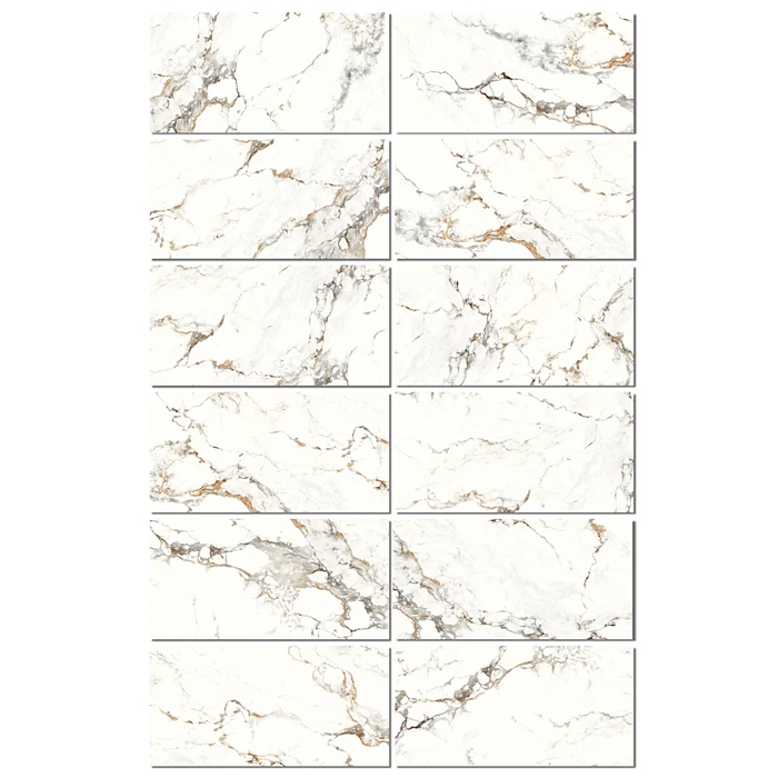 Detailed close-up showing the soft satin texture and natural stone-inspired pattern of the Homeful Essentials Gold tile.