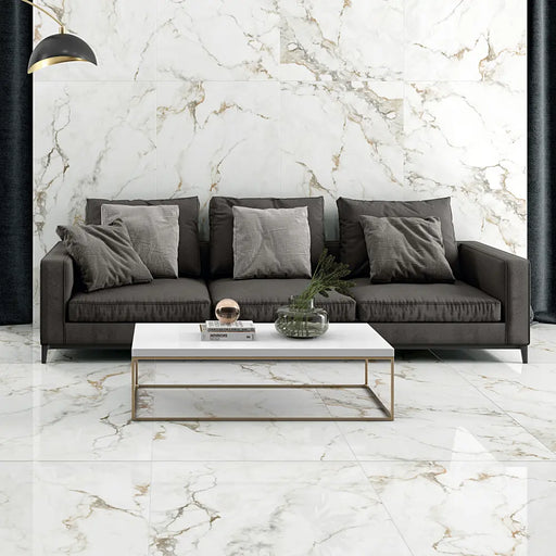 Stylish living space featuring Homeful Essentials Gold Matt Satin Porcelain tiles with warm golden hues and subtle stone-like variation.