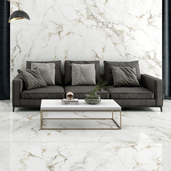 Stylish living space featuring Homeful Essentials Gold Matt Satin Porcelain tiles with warm golden hues and subtle stone-like variation.