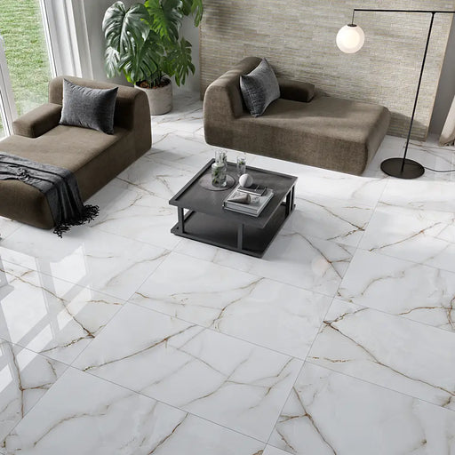 Room scene featuring Homeful Essentials Marble Beige Polished Porcelain tiles with warm beige tones and a high-gloss stone effect.