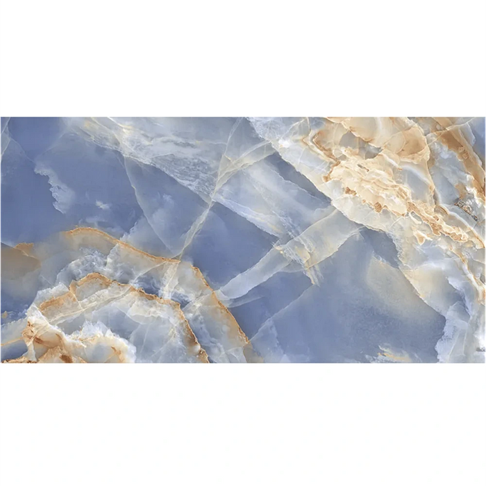 Close-up of Marble Blue Super tile showing polished surface, deep blue veining, and natural stone variation.