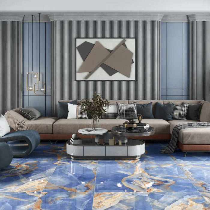 Room scene with Homeful Essentials Marble Blue Super Polished Porcelain tiles in rich blue-grey marble tones with a glossy finish.