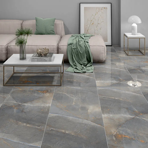 Room scene with Homeful Essentials Marble Green Polished Porcelain tiles, featuring glossy green marble tones and subtle veining.