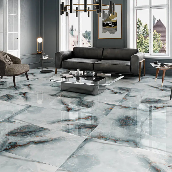 Room scene with Homeful Essentials Marble Green Polished Porcelain tiles in rich green marble tones and glossy surface.