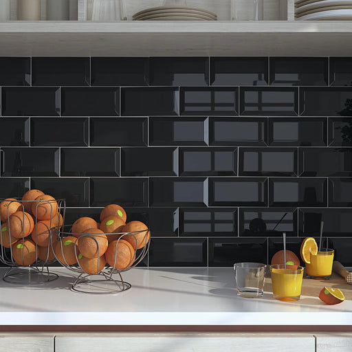 Kitchen wall with Homeful Essentials Metro Black wall tiles in a classic subway layout, creating a bold and modern statement.