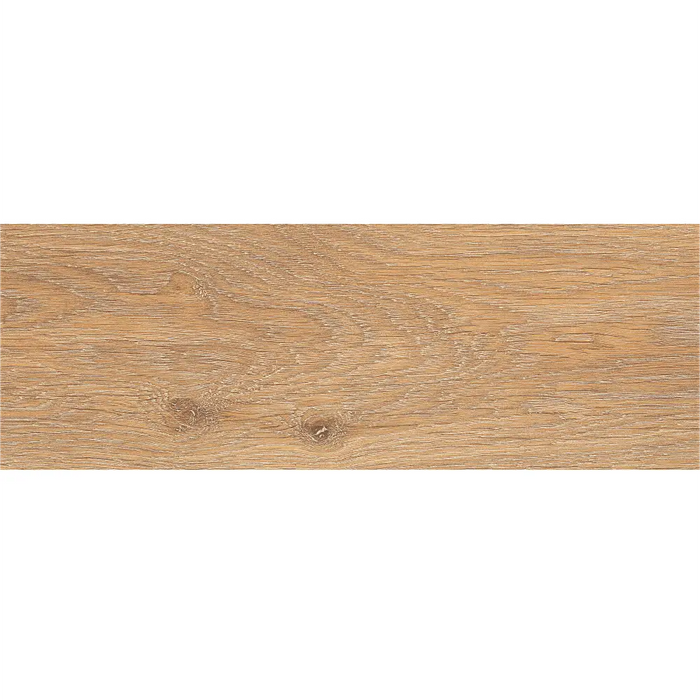 Close-up of Oak porcelain tile with detailed wood grain and warm tones.