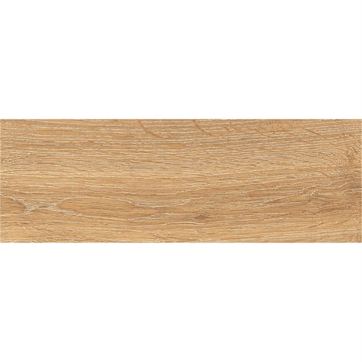 Close-up of Oak porcelain tile with detailed wood grain and warm tones.