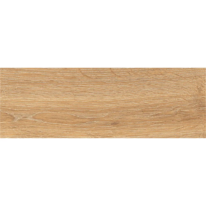 Close-up of Oak porcelain tile with detailed wood grain and warm tones.