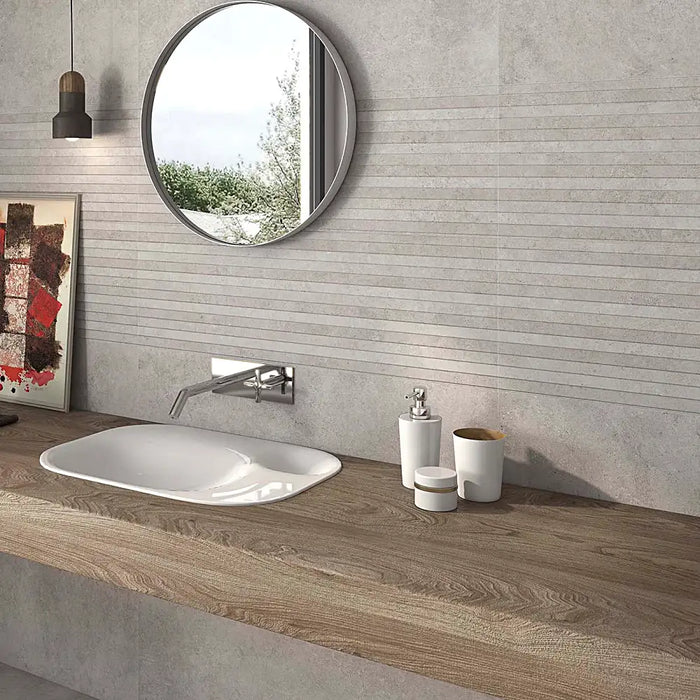 Modern bathroom featuring Homeful Essentials RLV Taupe wall tiles with a subtle textured finish.