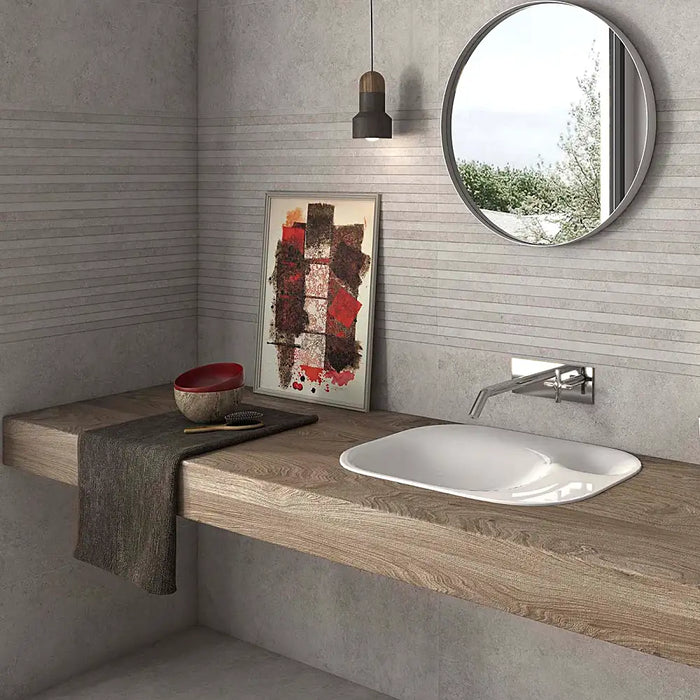 Modern bathroom with Homeful Essentials Taupe wall tiles creating a sleek, calming look.