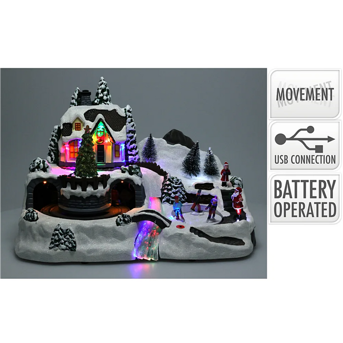 Close-up of Ice Skating and Train Christmas Village showing detailed miniature figures and illuminated LED features.