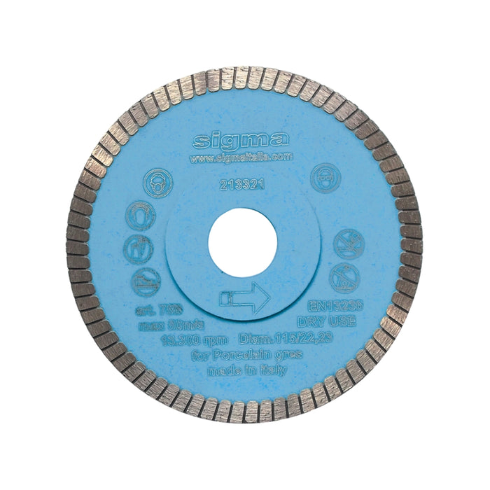 Sigma 115mm turbo diamond blade for porcelain tiles with 22.2mm bore for fast cutting