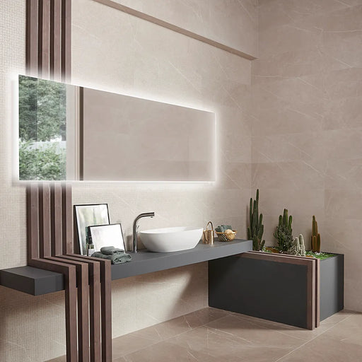 Bathroom with Inari Crema matt wall tiles, adding warmth and a refined finish.