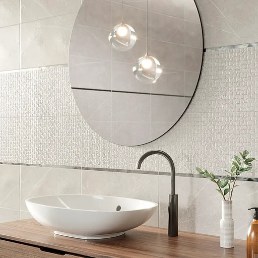 Bathroom walls finished with Inari Perla matt wall tiles, creating a modern and serene look.