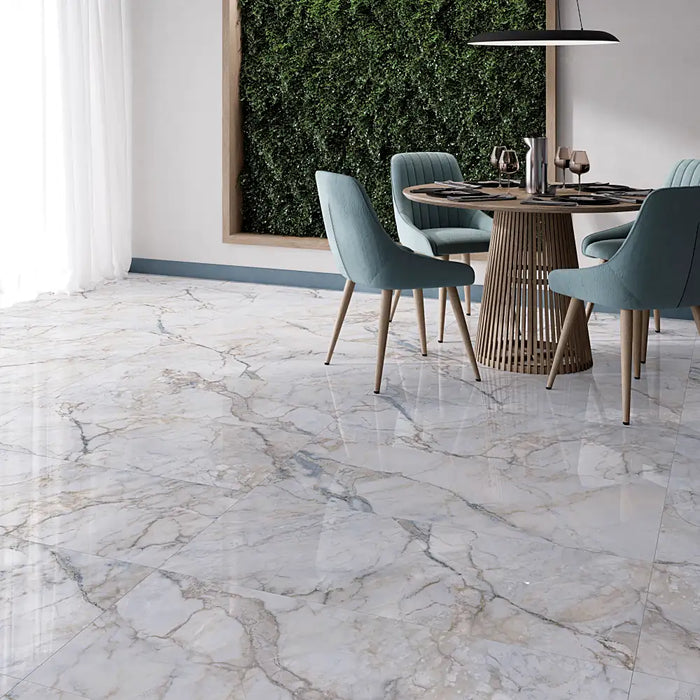 Modern interior featuring Jackson Blue Polished tiles with deep blue tones and natural marble veining.