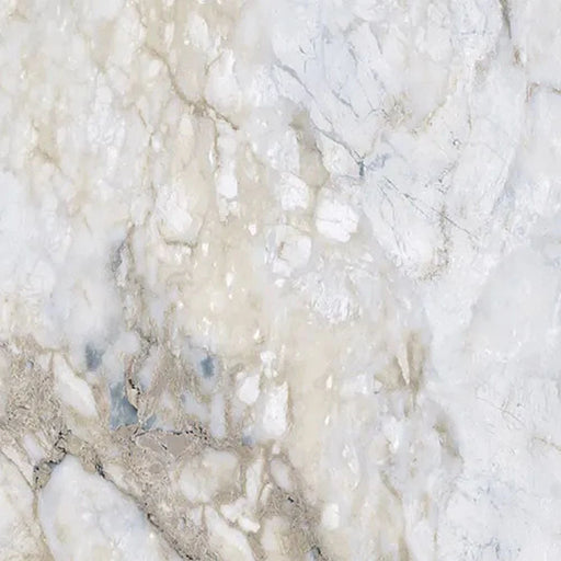 Close-up of the Jackson Blue Polished Porcelain tile, revealing intricate marble-style veining with a blend of creamy whites, light beige, and subtle blue-grey details.