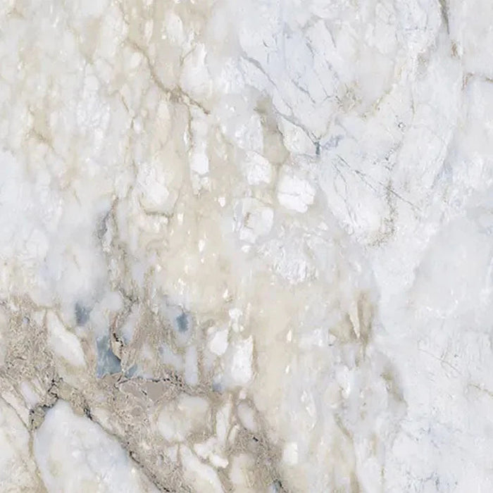 Close-up of the Jackson Blue Polished Porcelain tile, revealing intricate marble-style veining with a blend of creamy whites, light beige, and subtle blue-grey details.