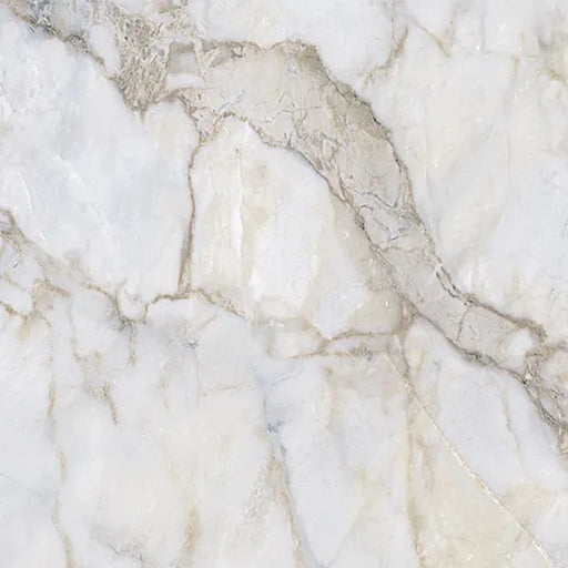 Close-up of the Jackson Blue Polished Porcelain tile, revealing intricate marble-style veining with a blend of creamy whites, light beige, and subtle blue-grey details.