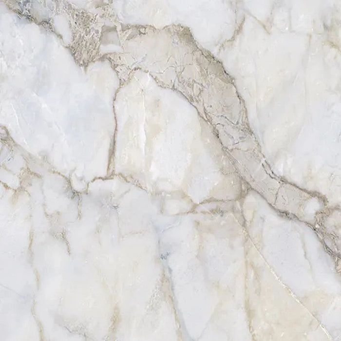 Close-up of the Jackson Blue Polished Porcelain tile, revealing intricate marble-style veining with a blend of creamy whites, light beige, and subtle blue-grey details.