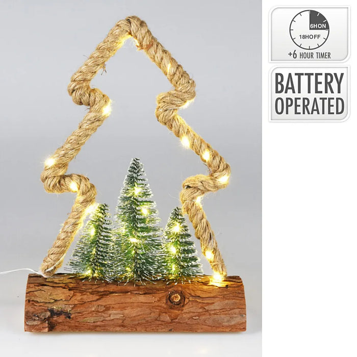 Close-up of jute rope Christmas tree decoration highlighting the texture and LED lighting.