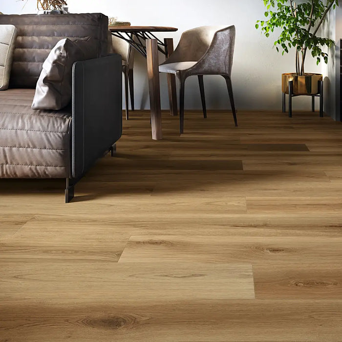 Stylish space with Koen Miele timber-effect porcelain tiles, showcasing warm honey tones and natural variation.