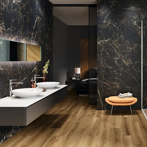 Stylish space with Koen Miele timber-effect porcelain tiles, showcasing warm honey tones and natural variation.