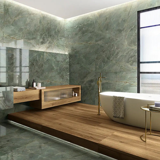 Stylish space with Koen Miele timber-effect porcelain tiles, showcasing warm honey tones and natural variation.