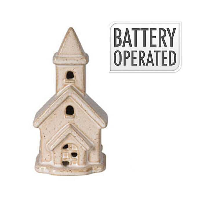 Close-up of Large Bell Tower Window Church showing intricate windows and glowing LED interior.