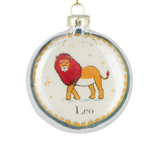 Close-up of Leo Zodiac Christmas bauble highlighting detailed zodiac artwork and shimmering surface.