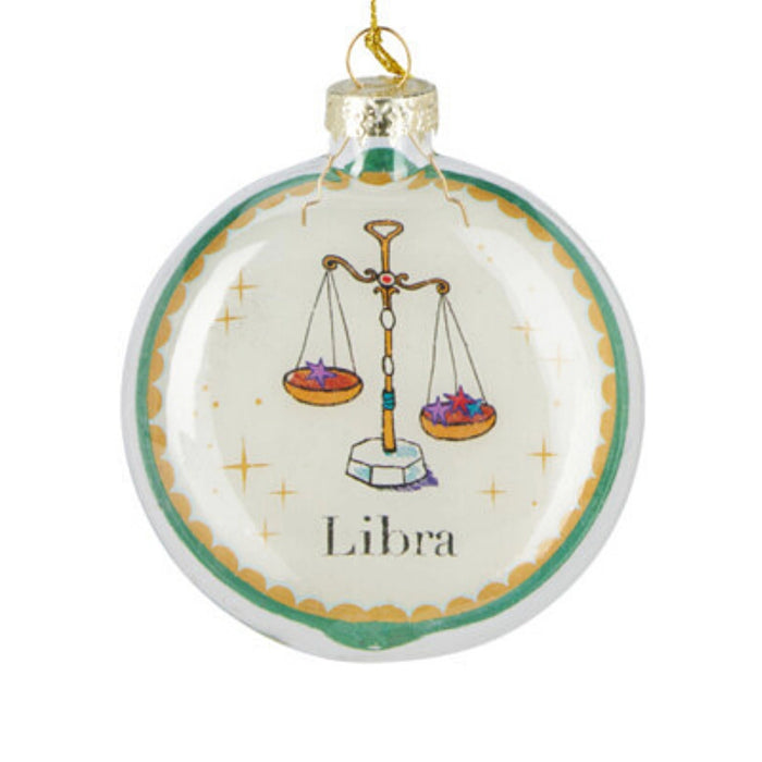 Close-up of Libra Zodiac Christmas bauble highlighting detailed zodiac symbol and subtle shine.
