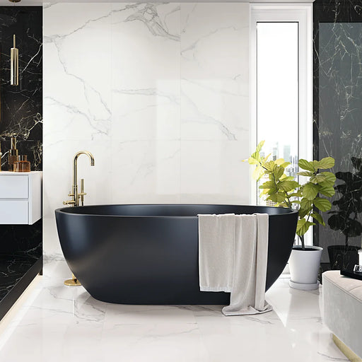 Contemporary interior featuring Luna Blanca polished tiles, reflecting light for an elegant, high-gloss finish.