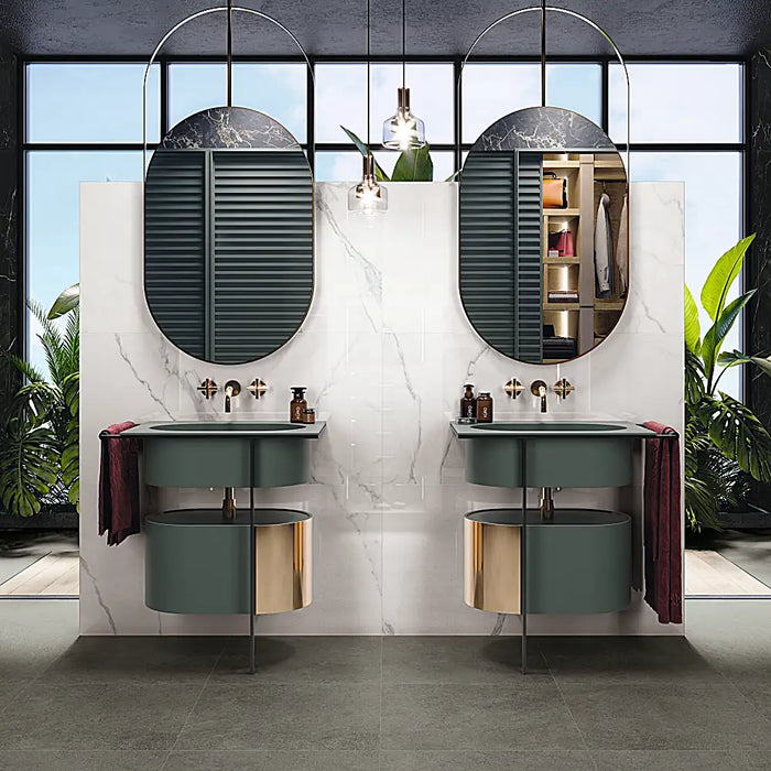 Contemporary interior featuring Luna Blanca polished tiles, reflecting light for an elegant, high-gloss finish.