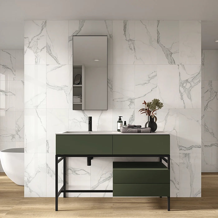 Contemporary interior featuring Luna Blanca polished tiles, reflecting light for an elegant, high-gloss finish.