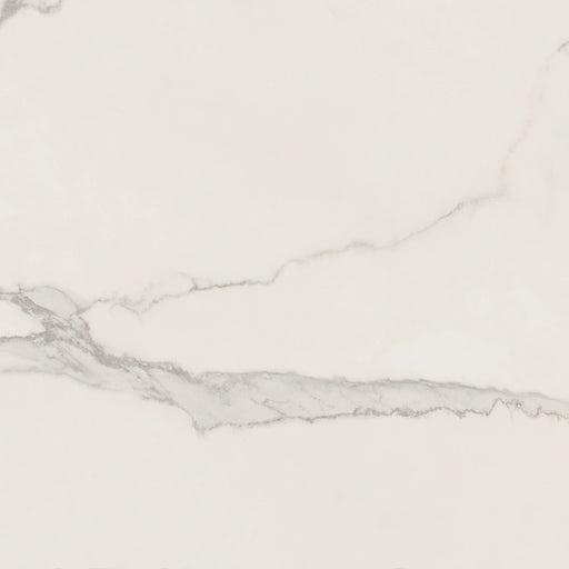 Close-up of Luna Blanco Polished Porcelain tile surface, showing fine veining melting into the bright white base.
